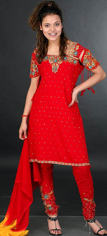 Red Choodidaar Suit with Large Beads and Embroidery