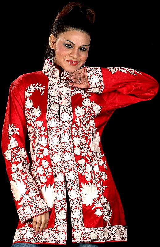Red Crewel Embroidered Jacket with from Kashmir