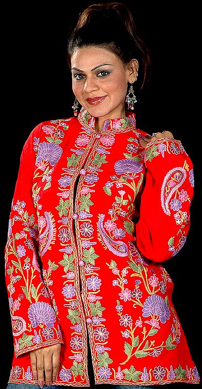 Red Crewel Jacket with Floral Embroidery All-Over