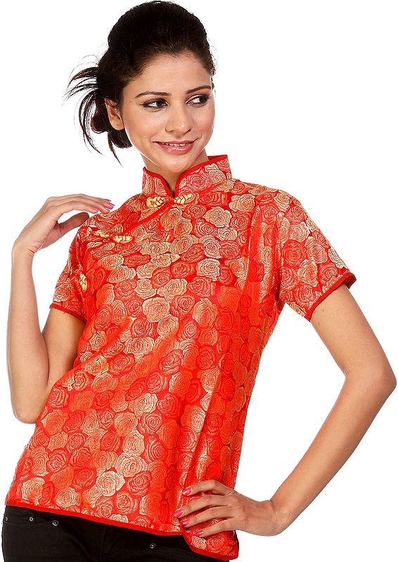 Red Floral Brocaded Cheongsam Top from Sikkim