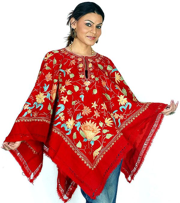 Red Floral Poncho with Aari Embroidery All-Over