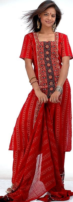 Red Gujarati Suit with Beads and Mirrors