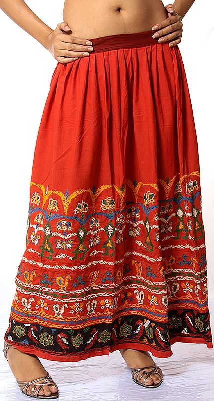 Red Hand-Embroidered Skirt from Kutchh with Mirrors