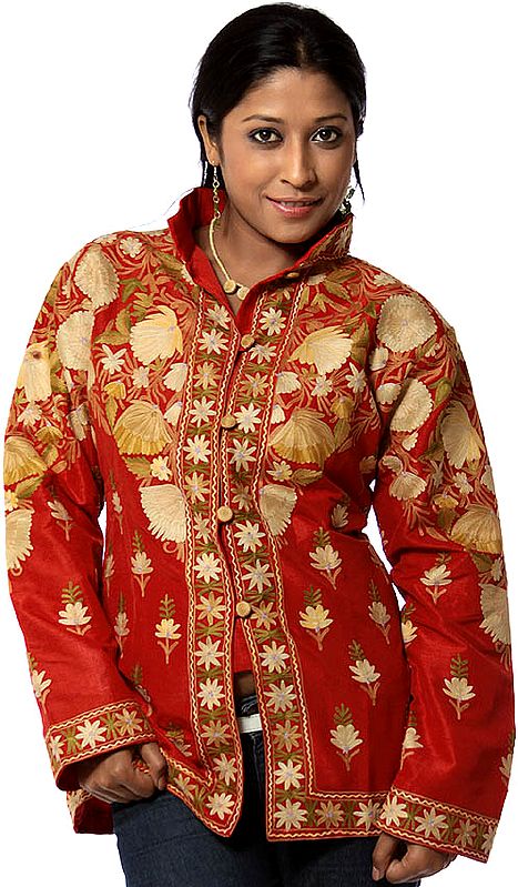 Red High-Neck Jacket from Kashmir with Beige Flowers