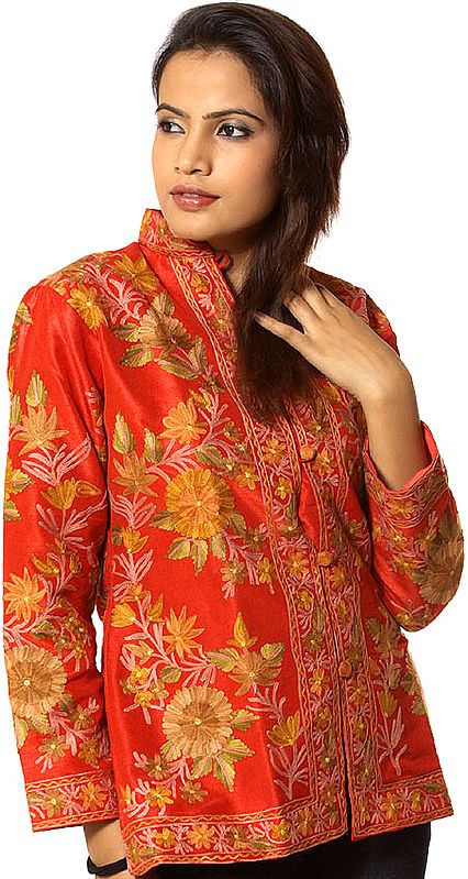 Red High-Neck Jacket with Two-Tone Floral Embroidery