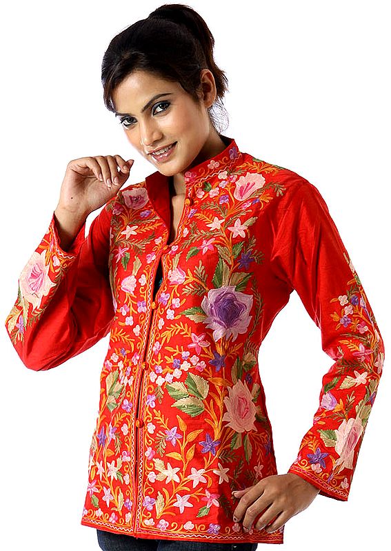 Red Jacket from Kashmir with Embroidered Flowers All-Over