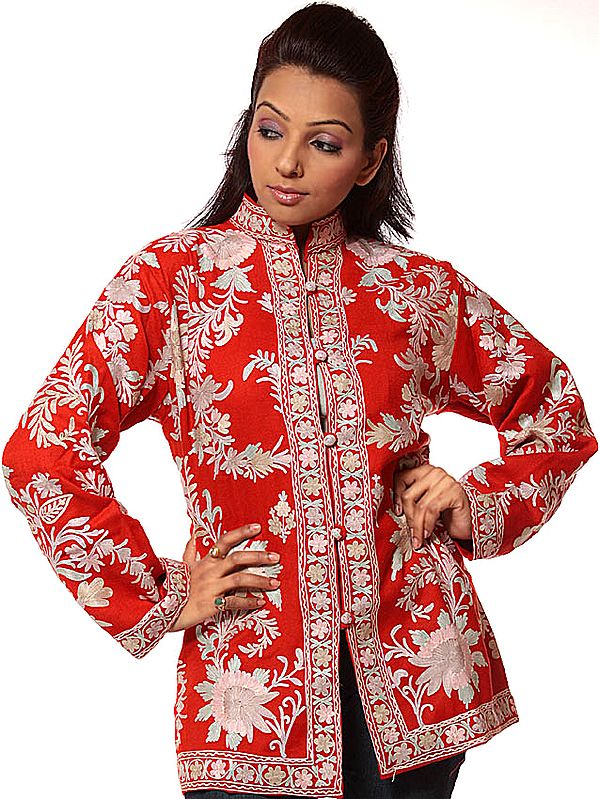 Red Jacket from Kashmiri with Aari Embroidery All-Over