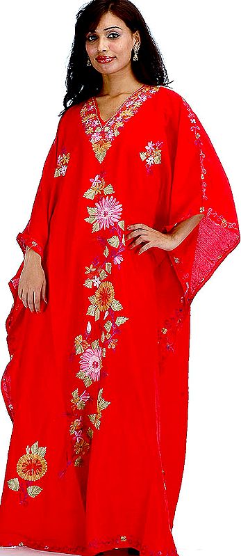 Red Kaftan from Kashmir with Aari-Embroidered Flowers