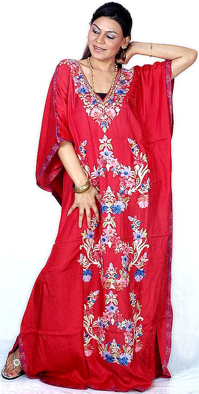 Red Kaftan from Kashmir with Crewel-Embroidered Flowers