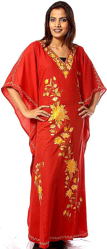 Red Kaftan from Kashmir with Floral Aari Embroidery