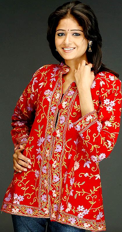 Red Kashmiri Jacket with All-Over Flowers
