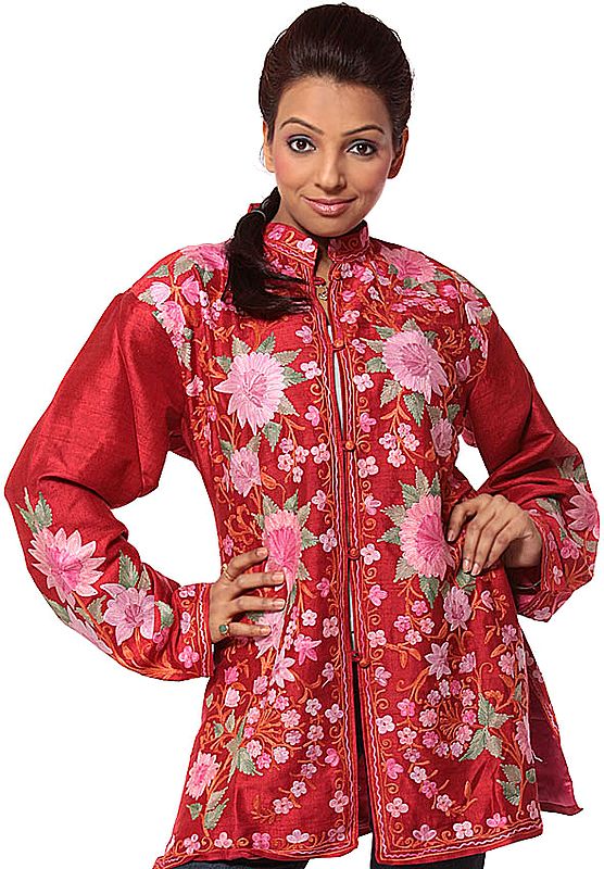 Red Kashmiri Jacket with Large Pink Flowers