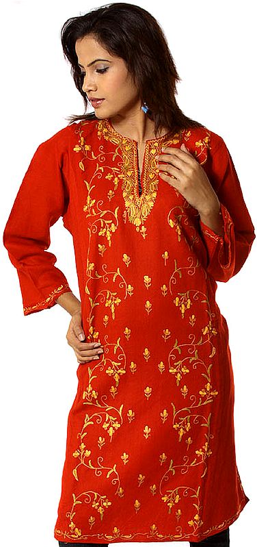 Red Kashmiri Phiran with All-Over Aari Embroidery by Hand