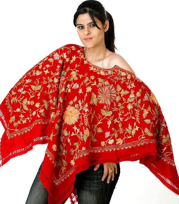 Red Kashmiri Poncho with Large Embroidered Flowers All-Over