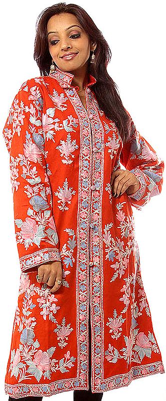 Red Long Floral Jacket from Kashmir with Aari-Embroidered Flowers All-Over