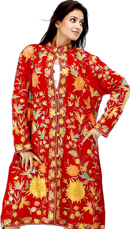Red Long Jacket from Kashmir with Large Flowers