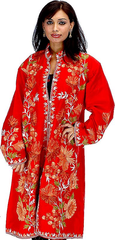 Red Long Silk Jacket with All-Over Flowers