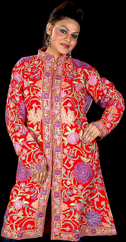 Red Long Silk Jacket with Large Floral Embroidery