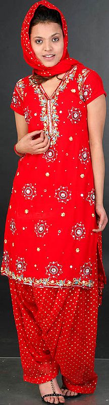 Red Patiala Salwar Kameez with Beads and Embroidery