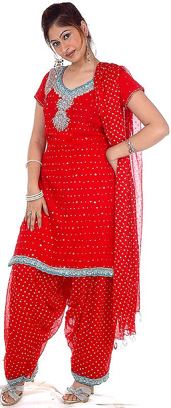 Red Patiala Salwar Suit with Beads and Sequins