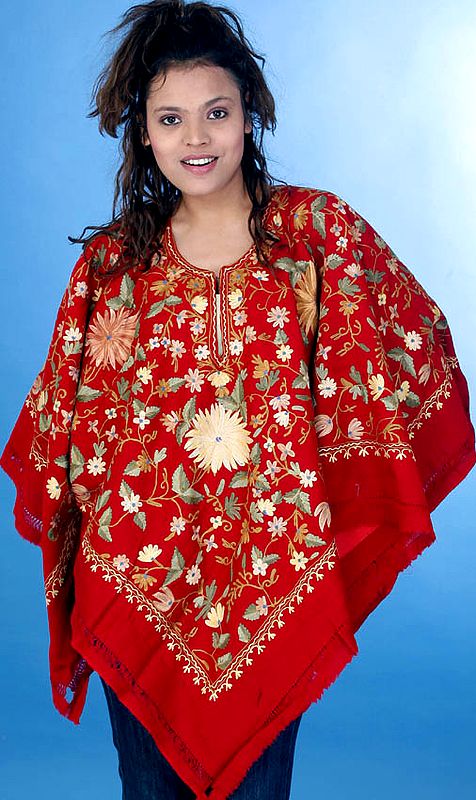 Red Poncho with Floral Embroidery All-Over