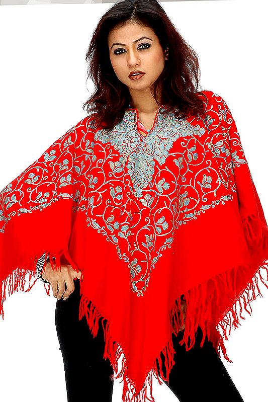 Red Poncho with Jaal Aari Embroidery