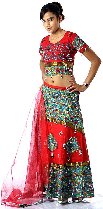 Red Printed Gypsy Chaniya Choli from Rajasthan with Mirrors and Embroidery