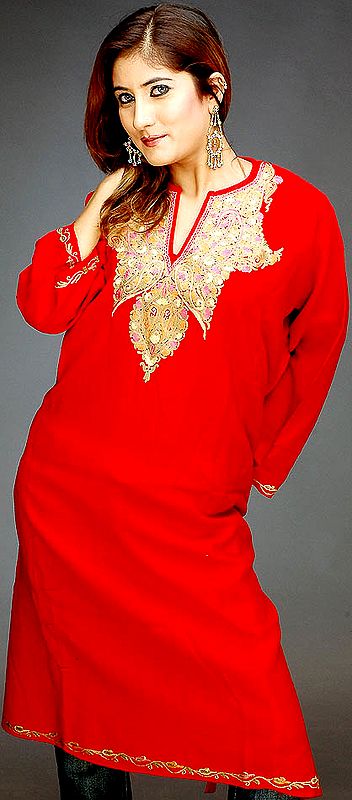 Red Raffle Phiran with Aari Embroidery