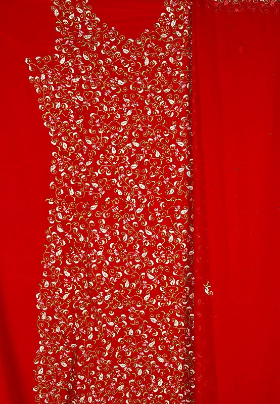 Red Salwar Kameez Fabric with Crewel Jaal-Embroidery