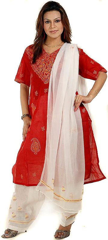 Red Salwar Kameez Suit with Chikan Embroidery