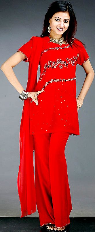 Red Salwar Kameez Suit with Multi-Color Sequins