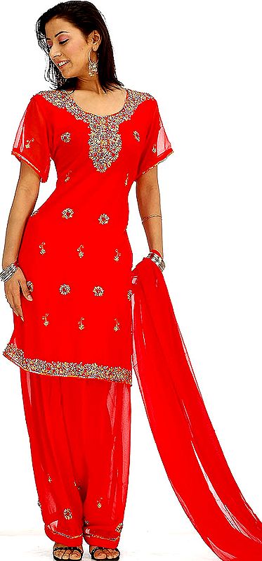 Red Salwar Kameez Suit with Sequins and Beads