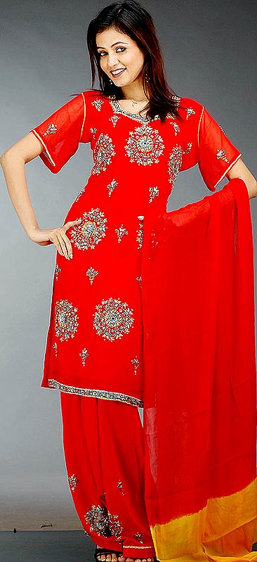 Red Salwar Kameez Suit with Sequins and Beads