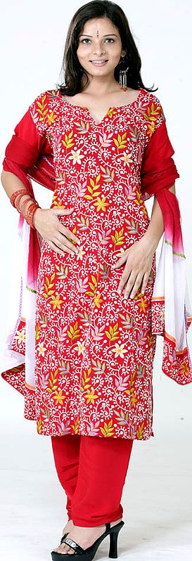 Red Salwar Kameez with All-Over Persian Embroidery
