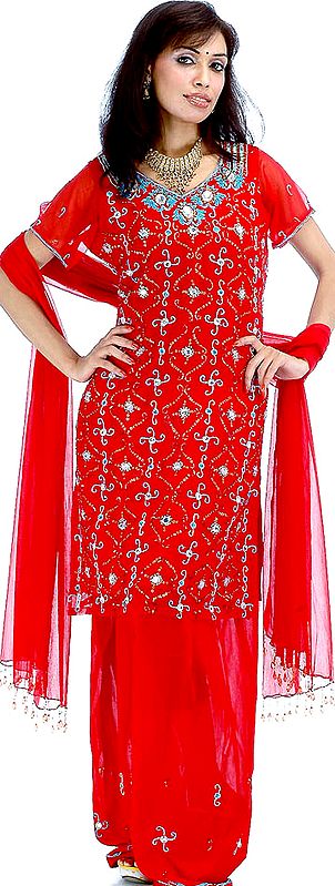 Red Salwar Kameez with All-Over Sequins and Beads