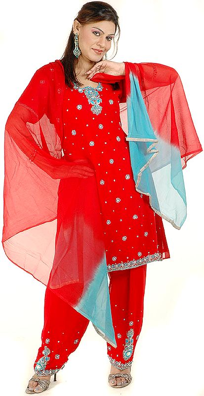 Red Salwar Kameez with Beads and Embroidery