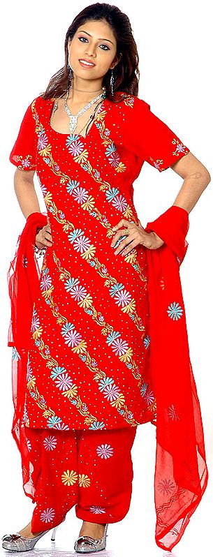 Red Salwar Kameez with Sequins and Floral Persian Embroidery