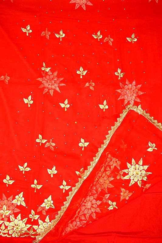 Red Salwar Suit Fabric with Large Embroidered Flowers