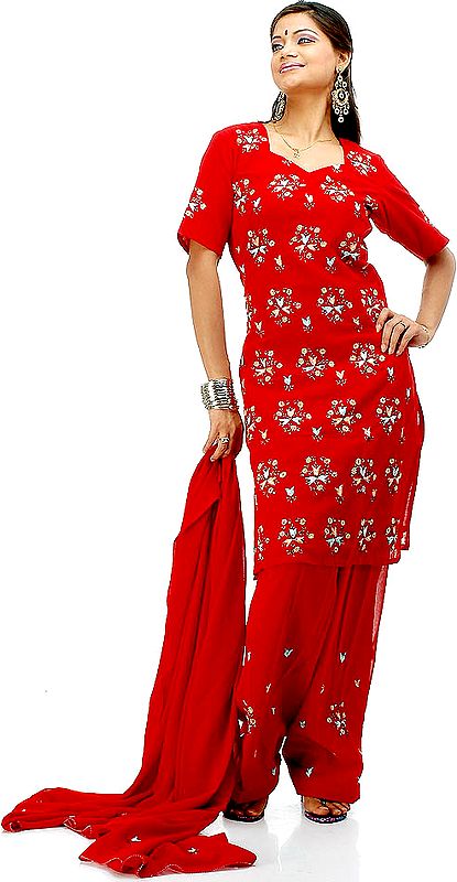 Red Salwar Suit with All-Over Floral Embroidery