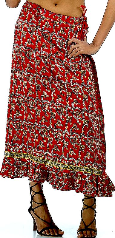 Red Sanganeri Draw-string Skirt with All-Over Beads