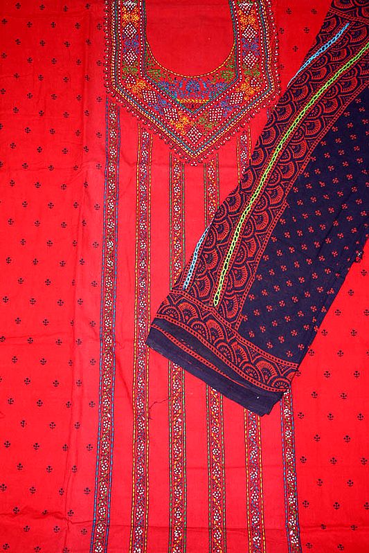 Red Sanganeri Printed Suit with Beadwork and Embroidery
