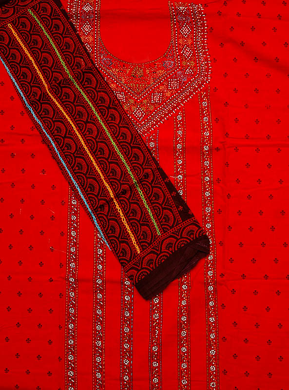 Red Sanganeri Printed Suit with Beadwork and Embroidery