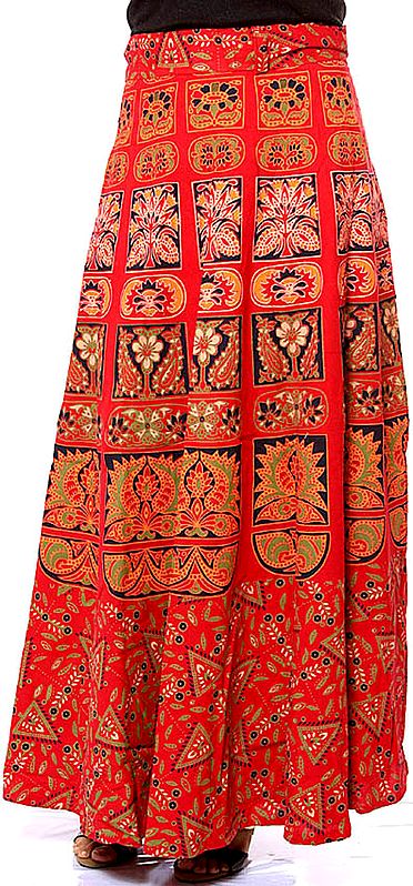 Red Sanganeri Wrap-Around Skirt with Block-Print