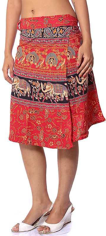 Red Sanganeri Wrap-Around Skirt with Printed Elephants and Peacocks