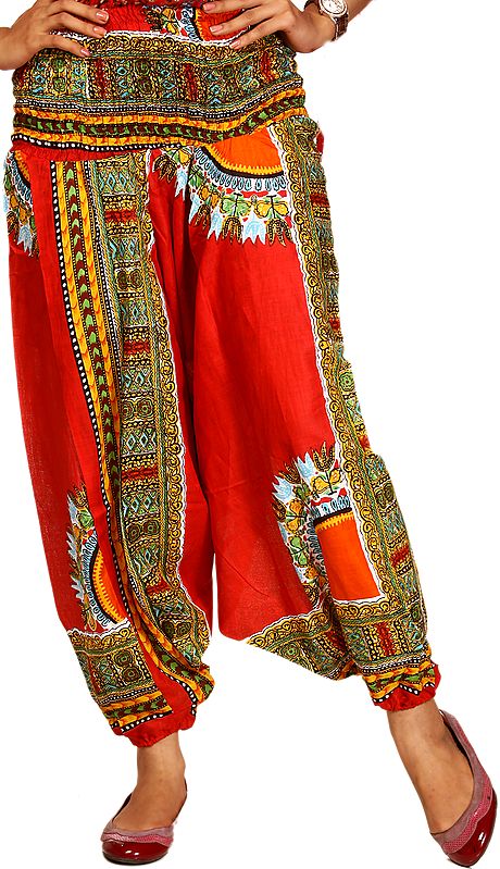 Red Scarlet Harem Trousers with Folk Print