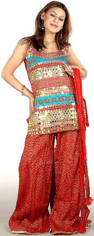 Red Sharara Suit with Heavily Sequined Top