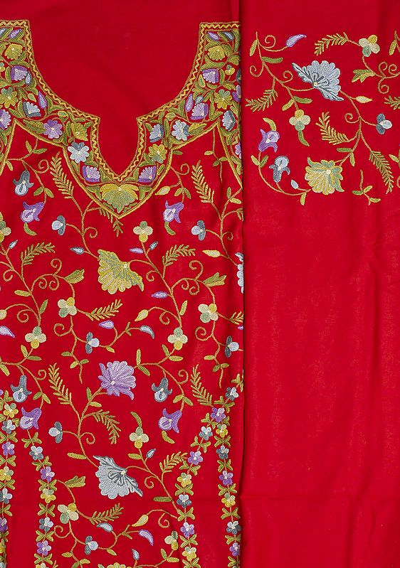 Red Two-Piece Kashmiri Salwar Kameez Fabric with Floral Aari Embroidery by Hand