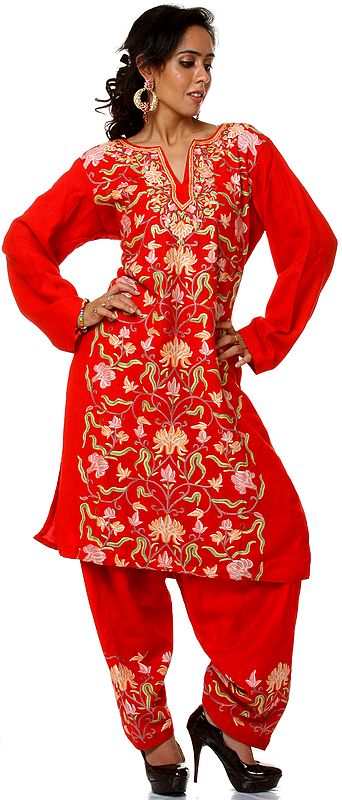 Red Two-Piece Kashmiri Salwar Kameez with Floral Embroidery by Hand