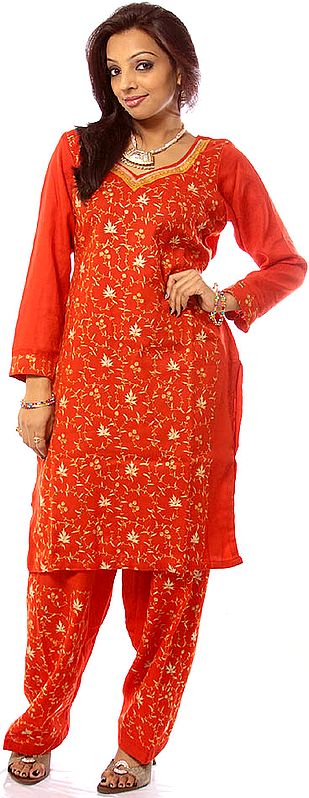 Red Two-Piece Kashmiri Salwar Kameez with Sozni Embroidery All-Over