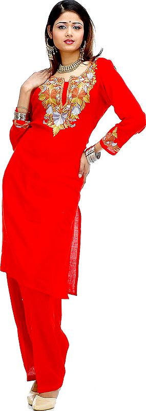 Red Two-Piece Kashmiri Salwar Suit with Aari Embroidery on Neck